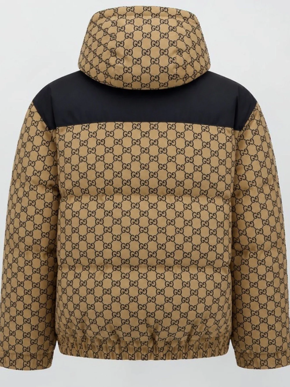 Gucci Men's GG Beige Black Puffer Jacket Canvas Goose Down Hooded  Size 48 M